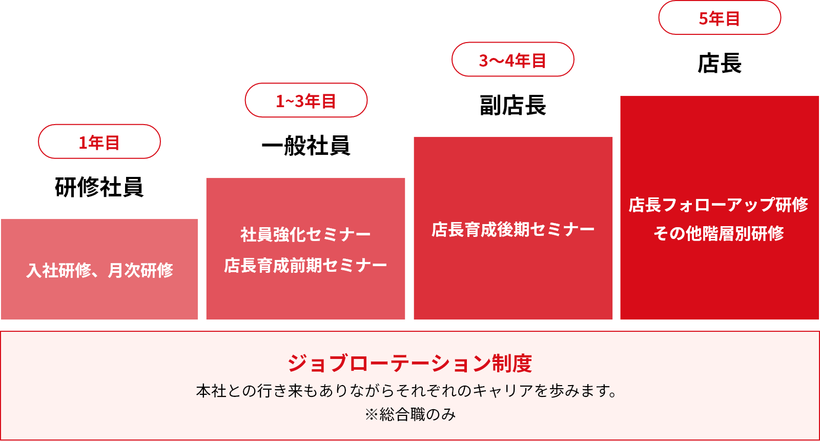 総合職のジョブローテーション制度（研修をつみながらステップアップ）のイメージ図→１年目：研修社員　２年目：一般社員　３年目：副店長　5年目：店長